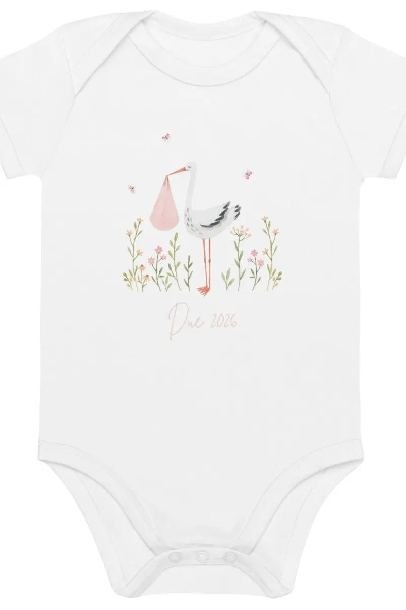 Stork Baby Girl Due Bodysuit White Cozy Crew Club