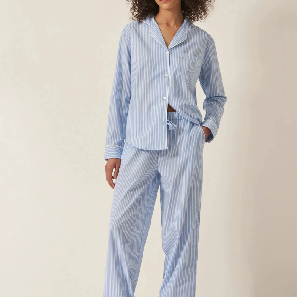 Blue & White Stripe Women's Long Sleeve Organic Cotton Pyjama Trouser Set Myza