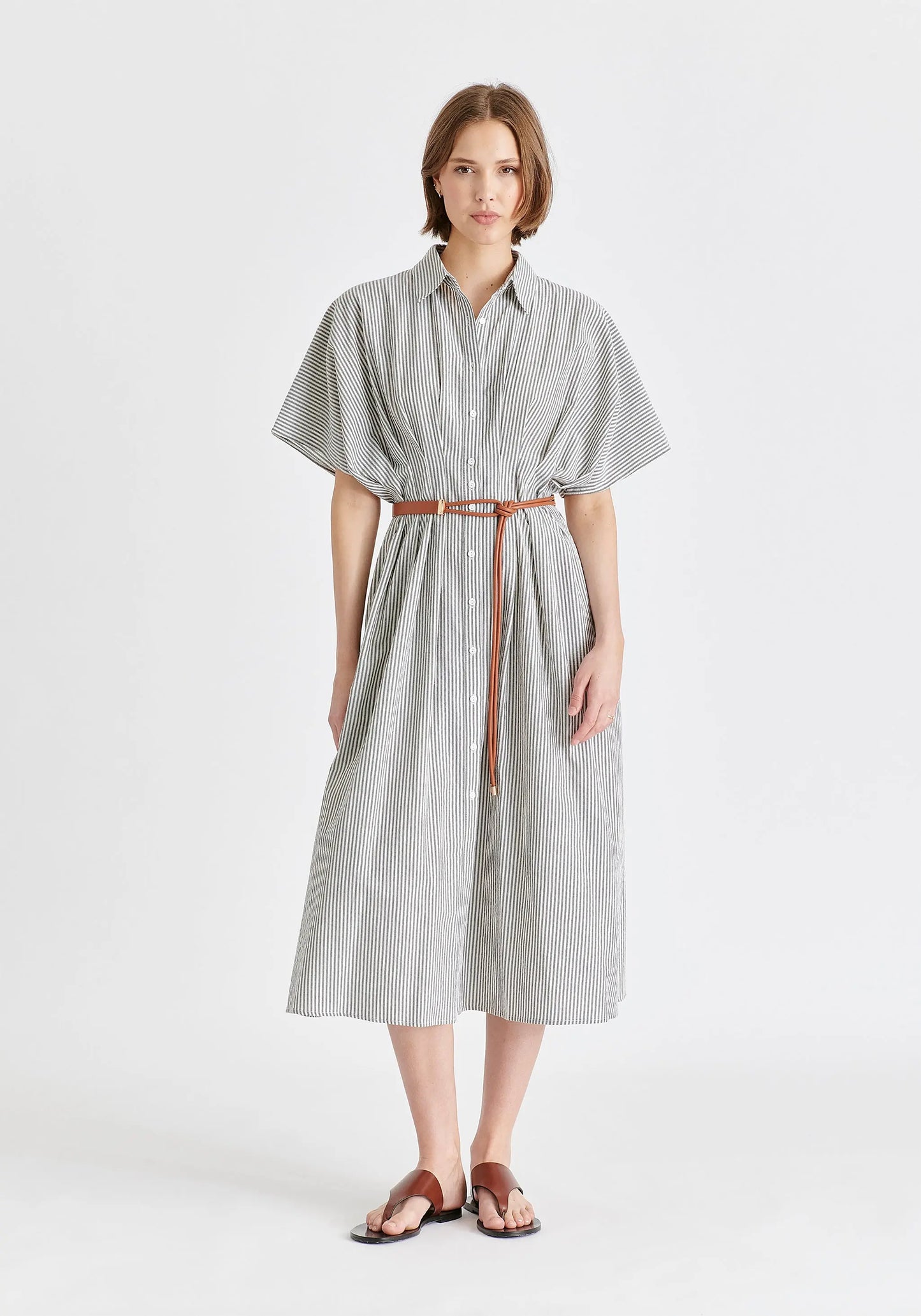 Striped Shirt Dress With Waist Pleats Paisie