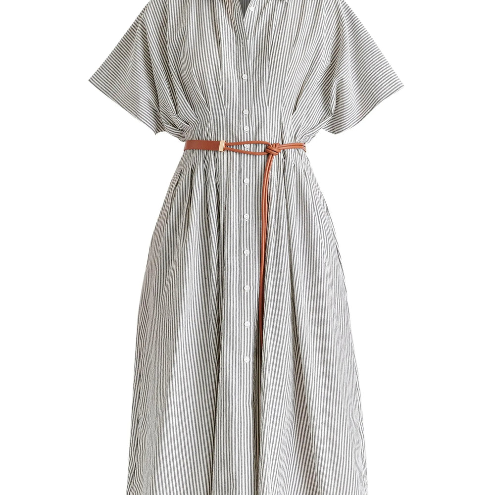 Striped Shirt Dress With Waist Pleats Paisie
