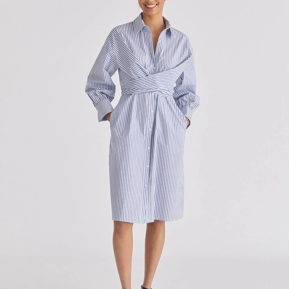 Striped Shirt Dress With Waist Tie Paisie