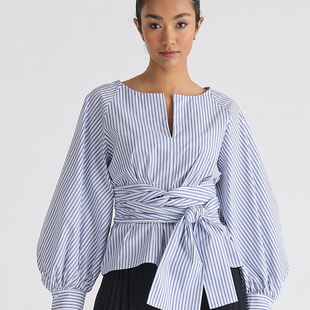 Striped Volume Sleeve Blouse With Matching Belt Paisie
