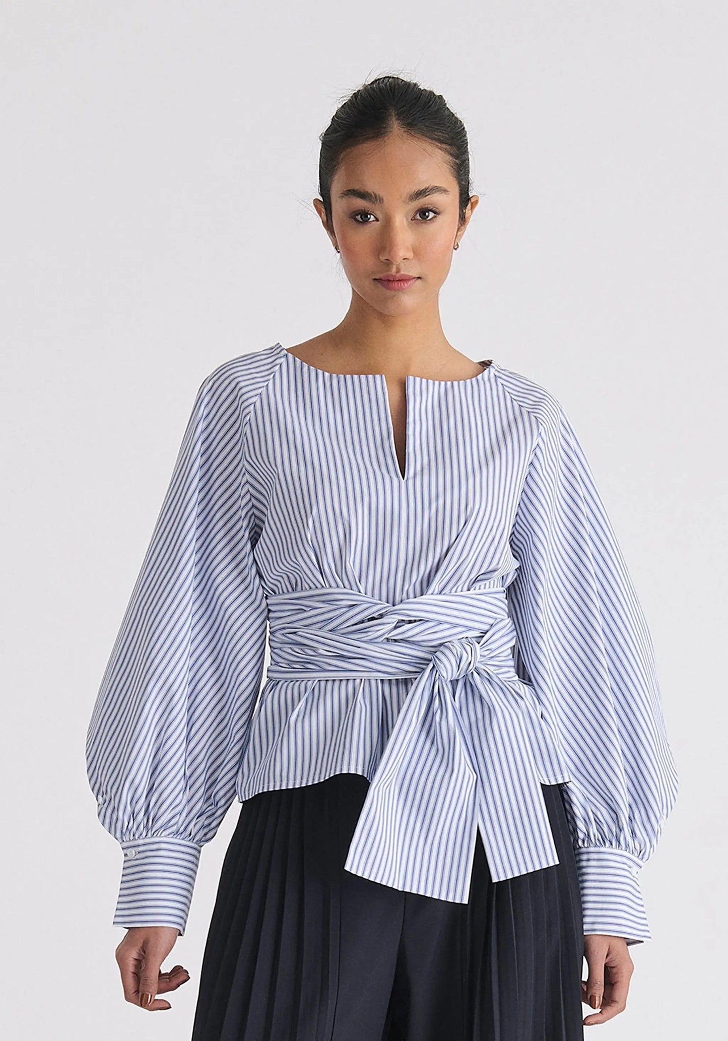 Striped Volume Sleeve Blouse With Matching Belt Paisie