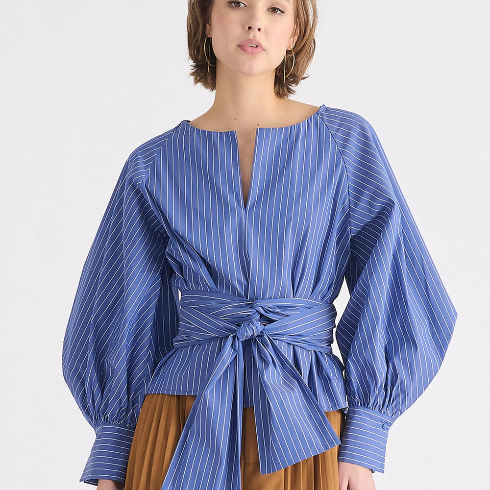 Striped Volume Sleeve Blouse With Matching Belt Paisie