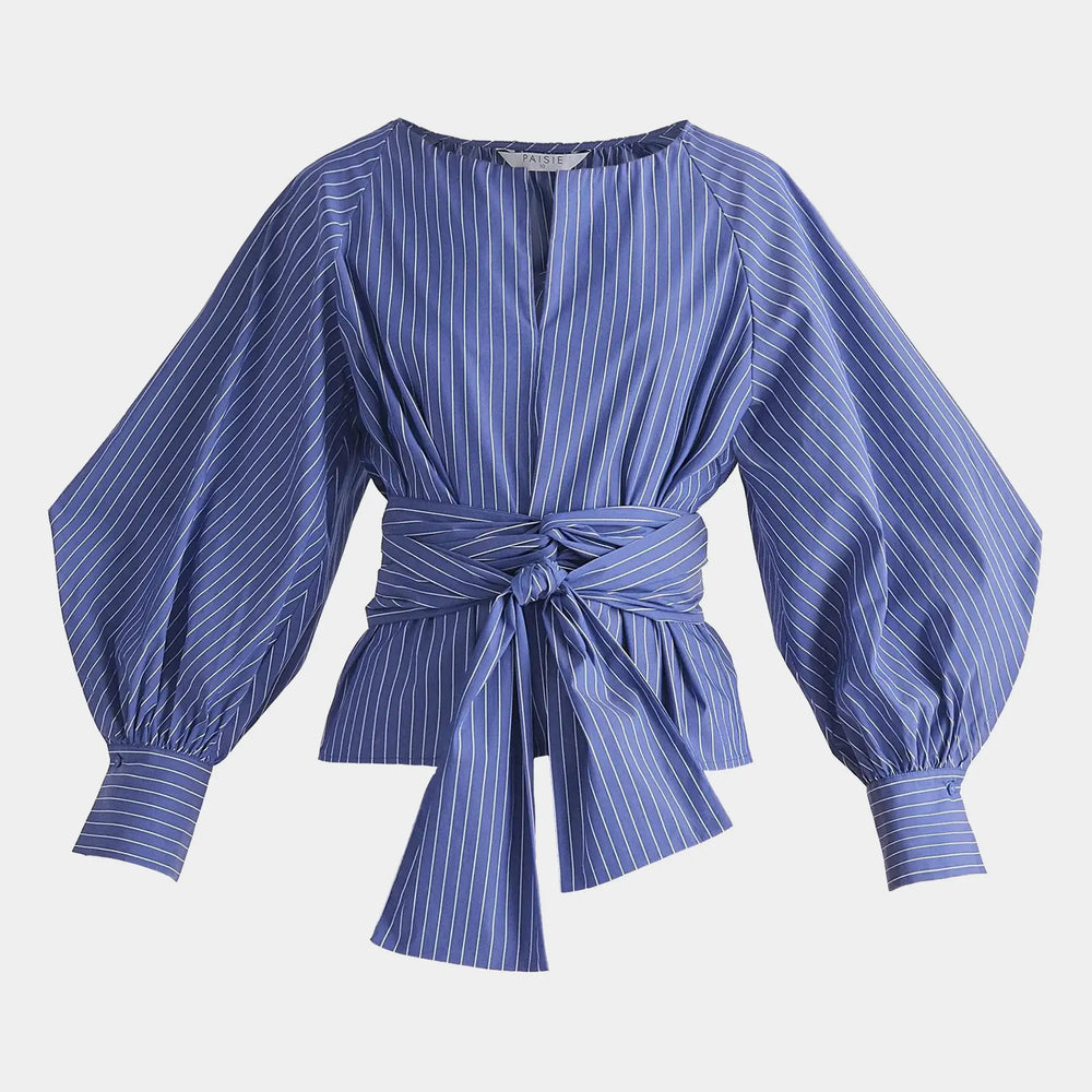 Striped Volume Sleeve Blouse With Matching Belt Paisie
