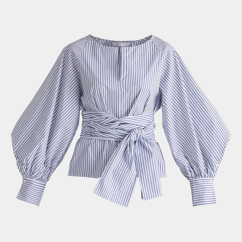 Striped Volume Sleeve Blouse With Matching Belt Paisie