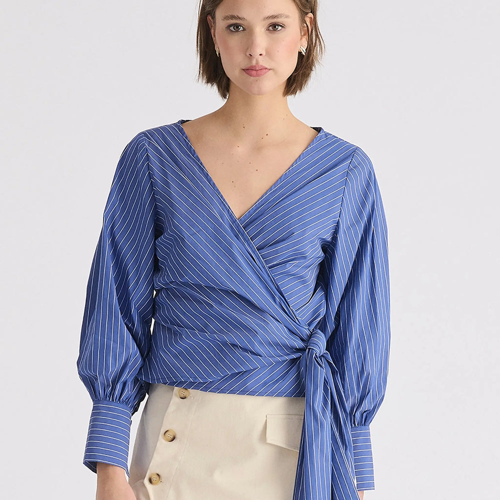 Striped Wrap Top With Waist Tie Paisie