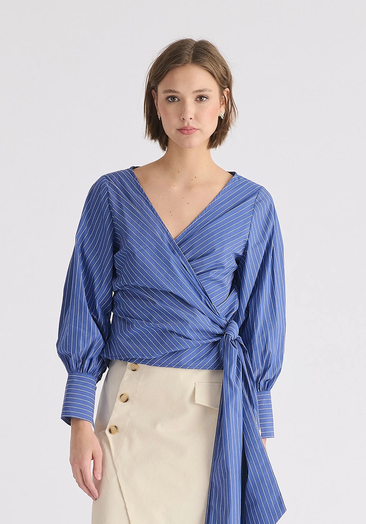 Striped Wrap Top With Waist Tie Paisie