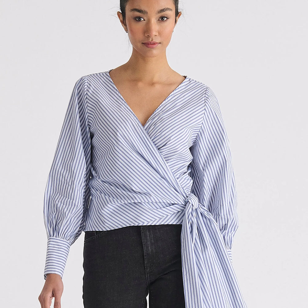 Striped Wrap Top With Waist Tie Paisie