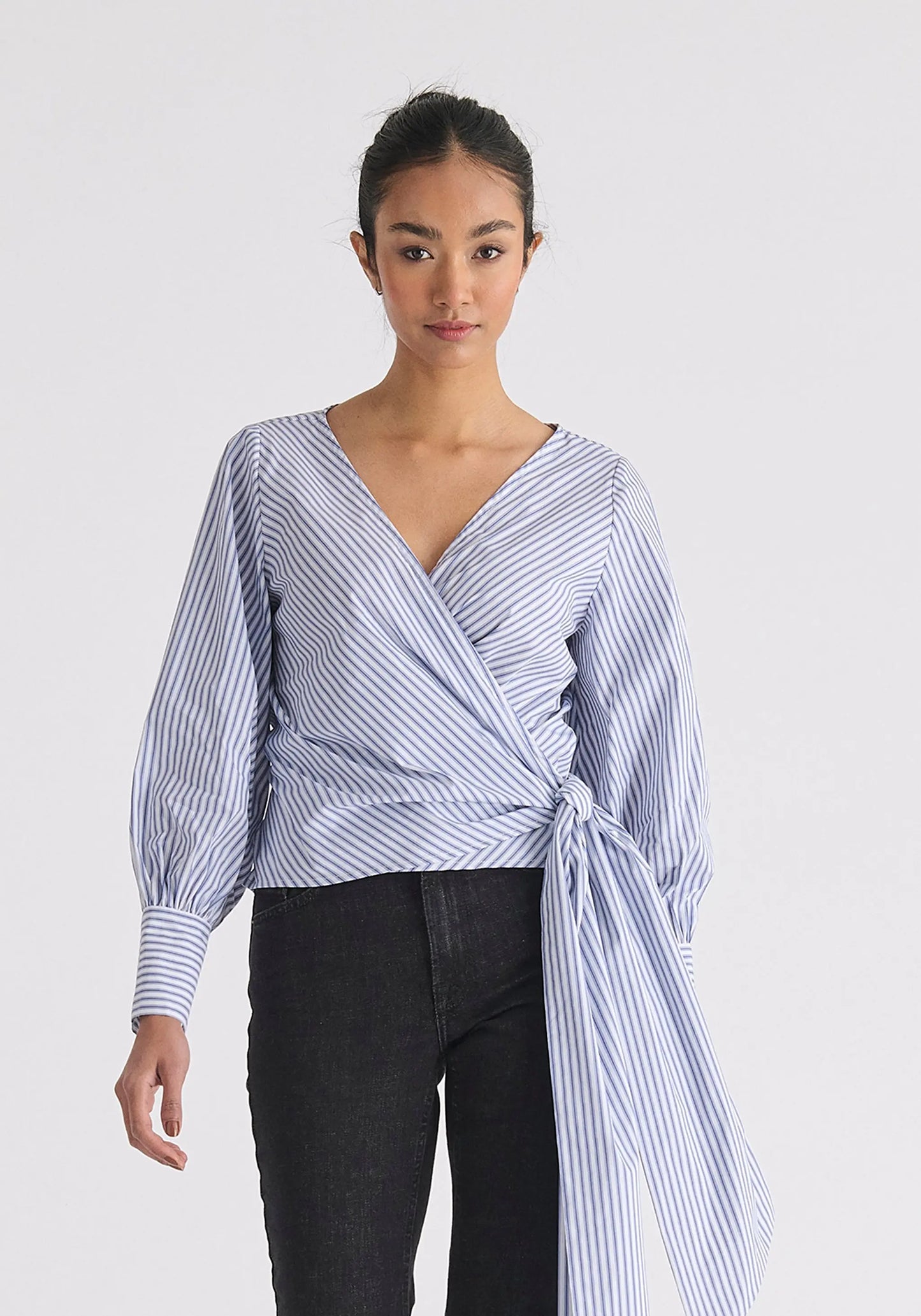 Striped Wrap Top With Waist Tie Paisie