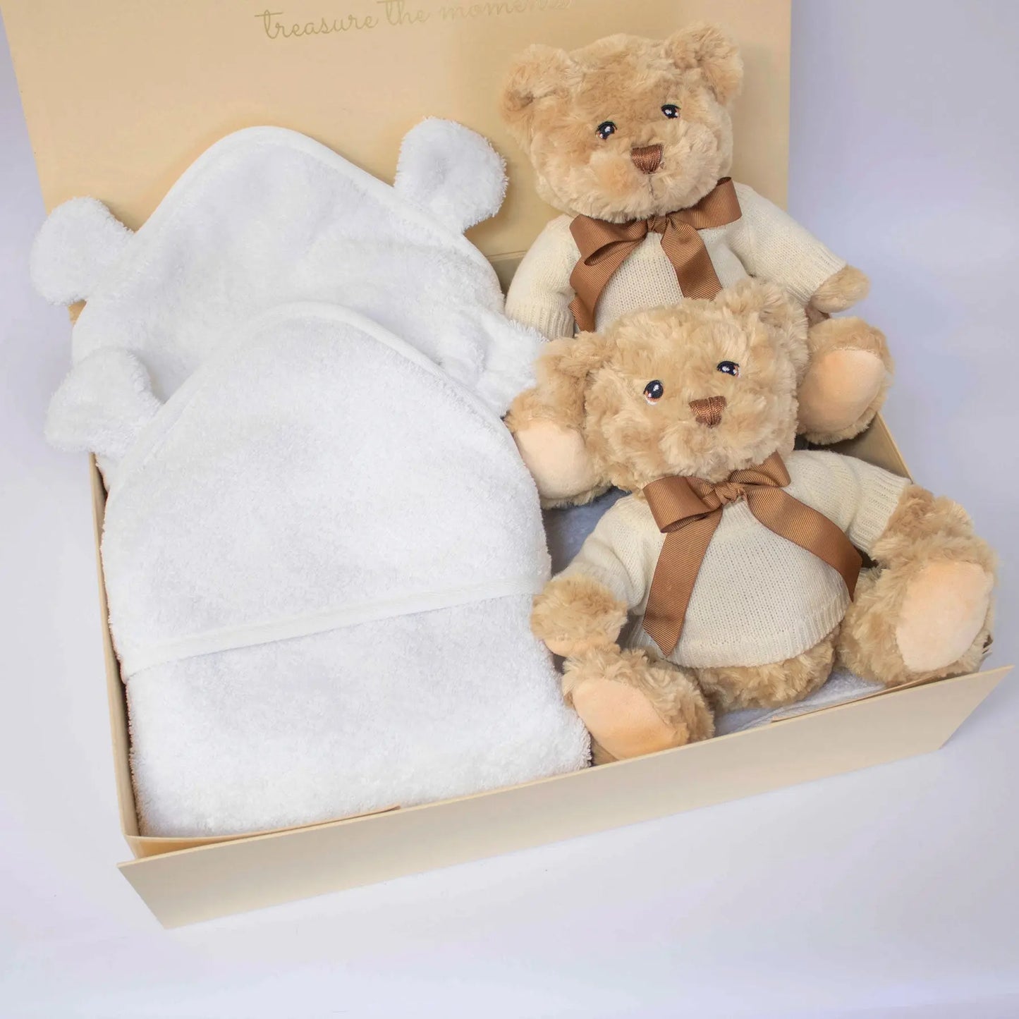 TWIN NEUTRAL TEDDY AND TOWEL HAMPER The Baby Gifting Company