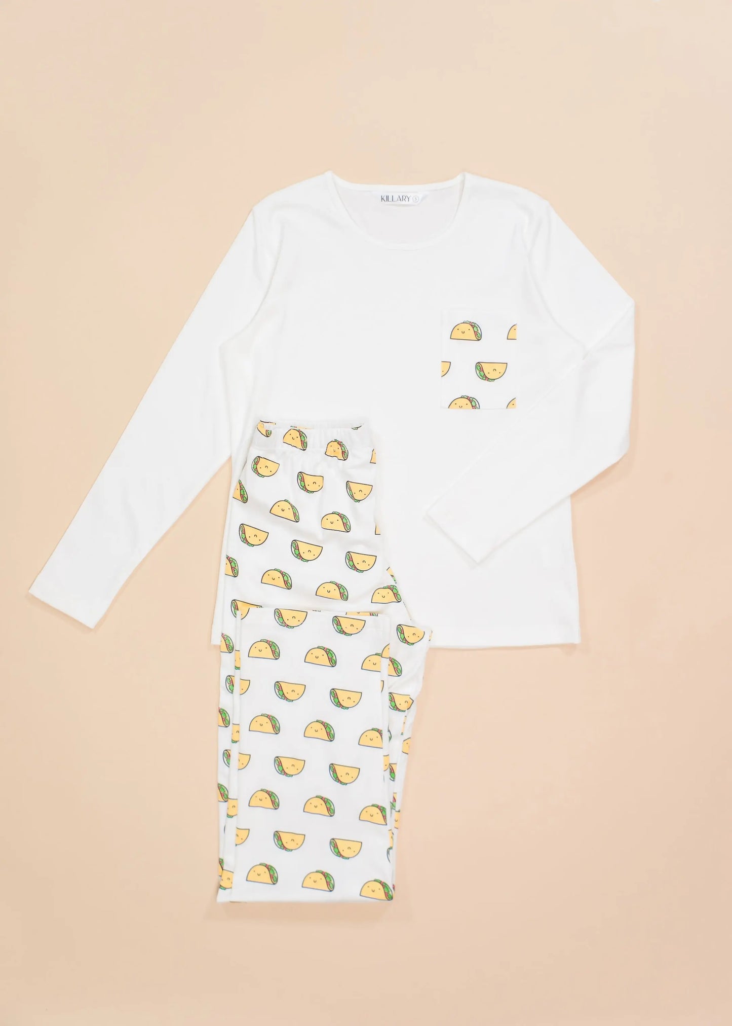 Tacos & white Women's Pima Cotton Long Sleeve Pyjama Trouser Set killarysleepwear