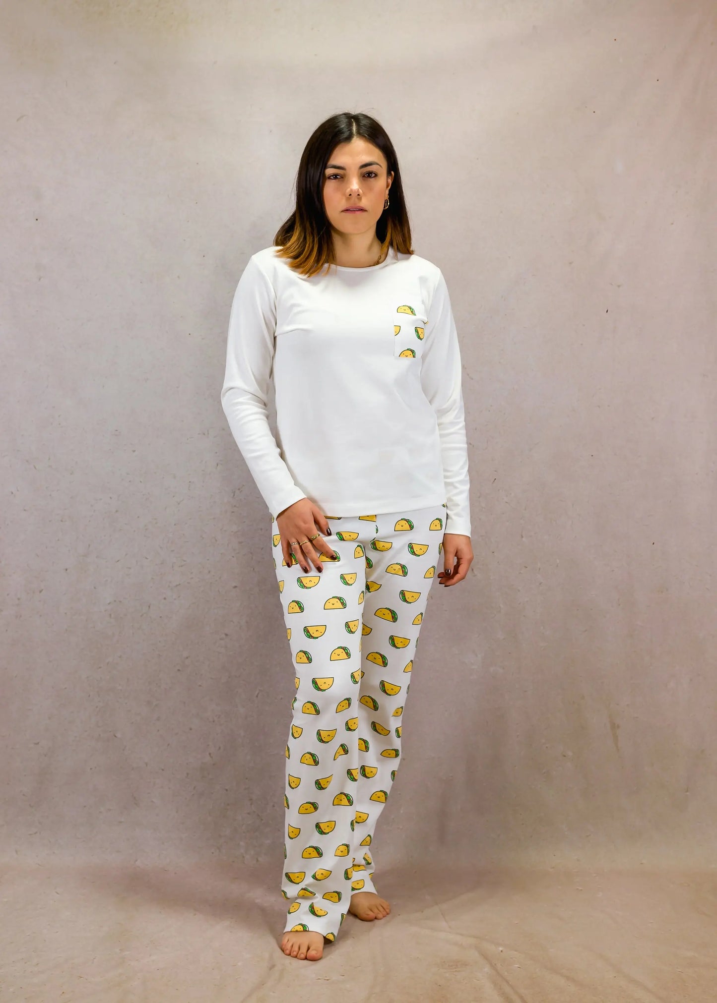 Tacos & white Women's Pima Cotton Long Sleeve Pyjama Trouser Set killarysleepwear