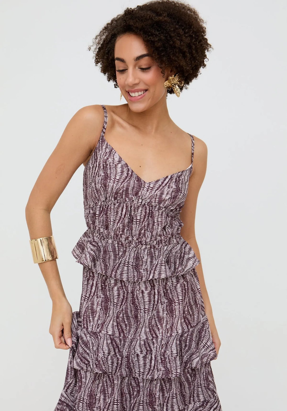 Tangiers Tiered Line Print Maxi Dress In Multi Raffya