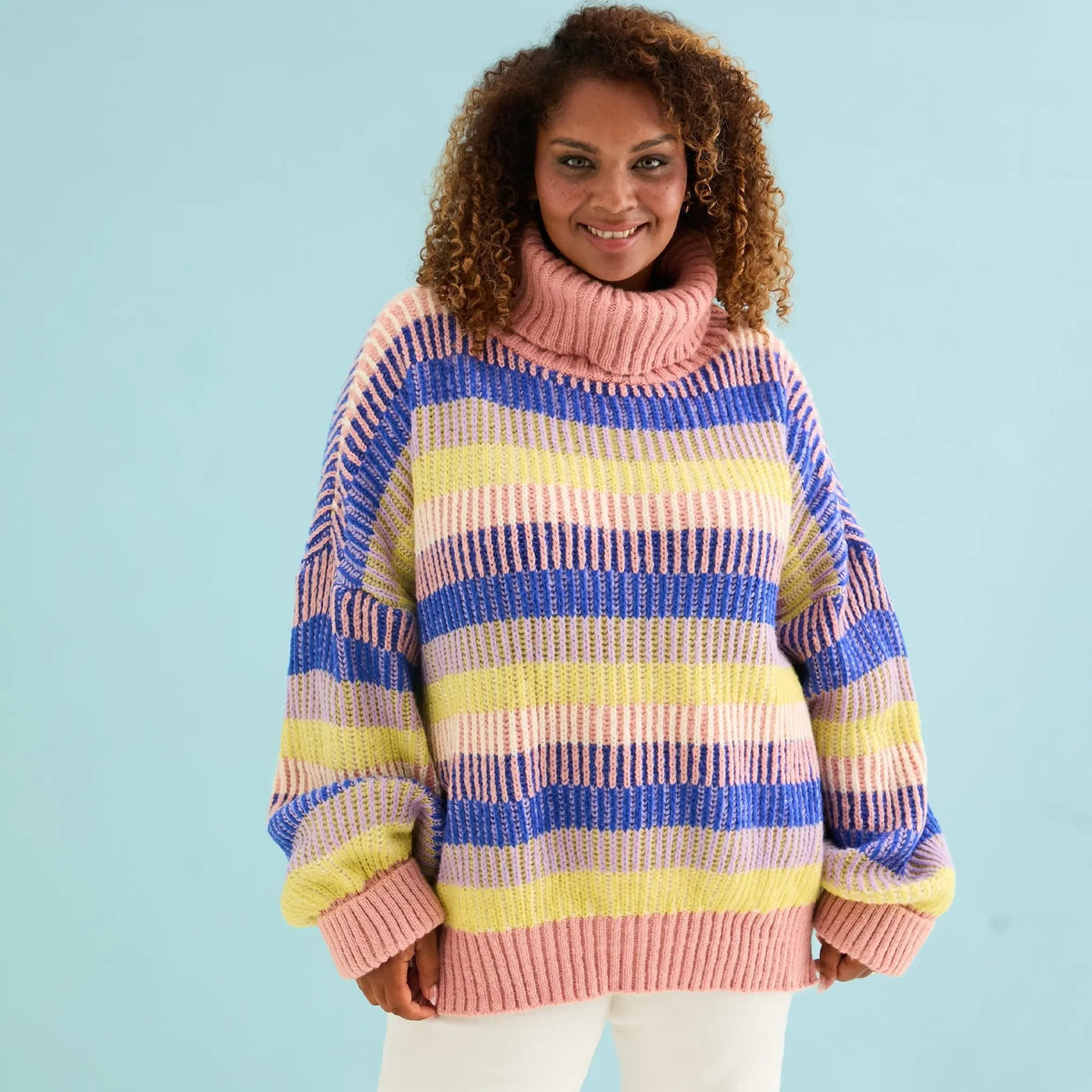 Tasha Oversized Balloon Sleeve Stripe Roll Neck Jumper - Pink Cara & The Sky