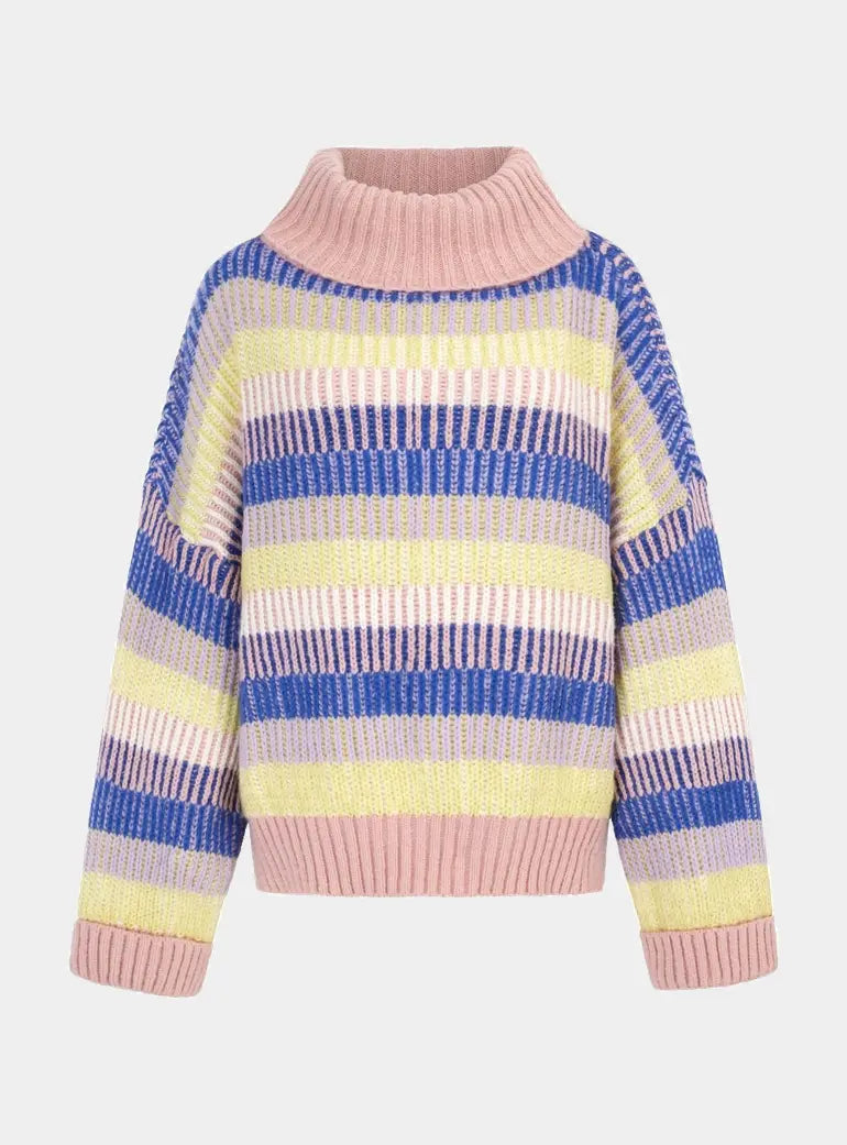 Tasha Oversized Balloon Sleeve Stripe Roll Neck Jumper - Pink Cara & The Sky