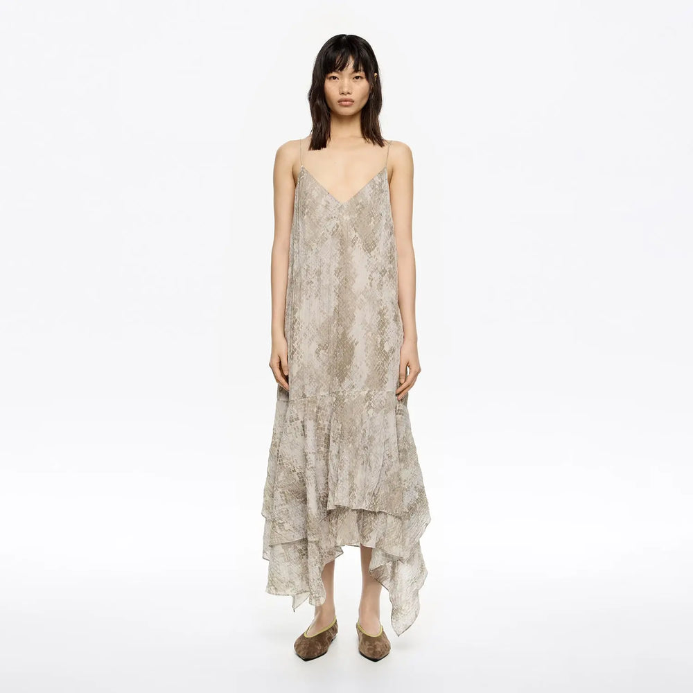 Taupe Snake asymmetric pleated dress Bimba y Lola UK