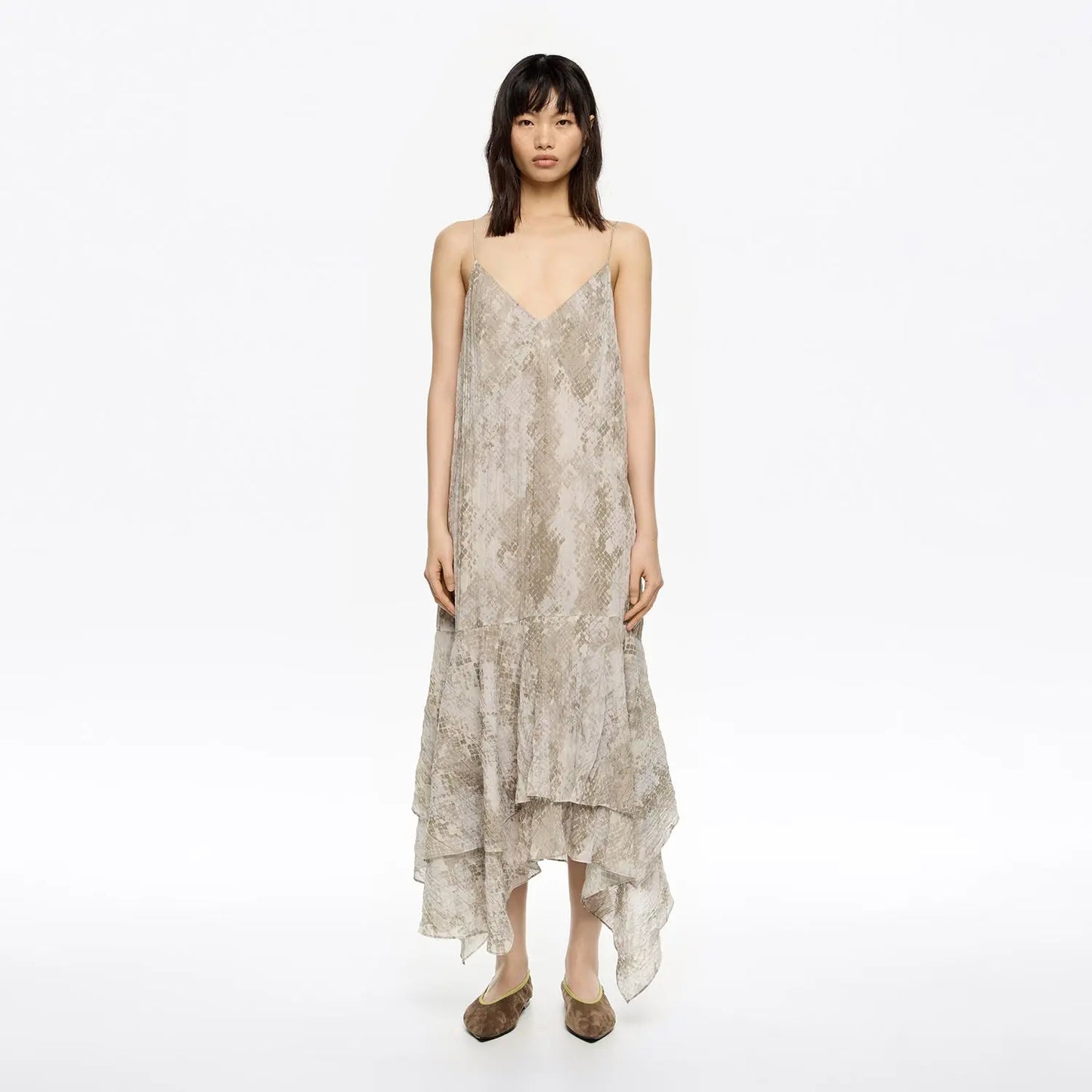 Taupe Snake asymmetric pleated dress Bimba y Lola UK
