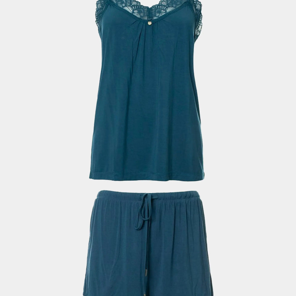 Teal Bamboo Lace Cami Short Pyjama Set Pretty You London