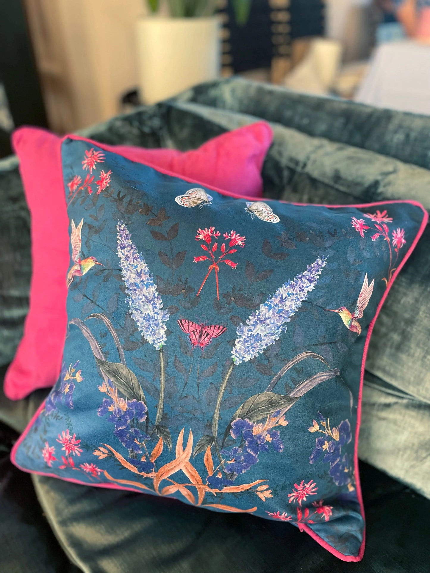 Teal Cushion with watercolour botanical art 'Serene' double sided design Alice Acreman Silks