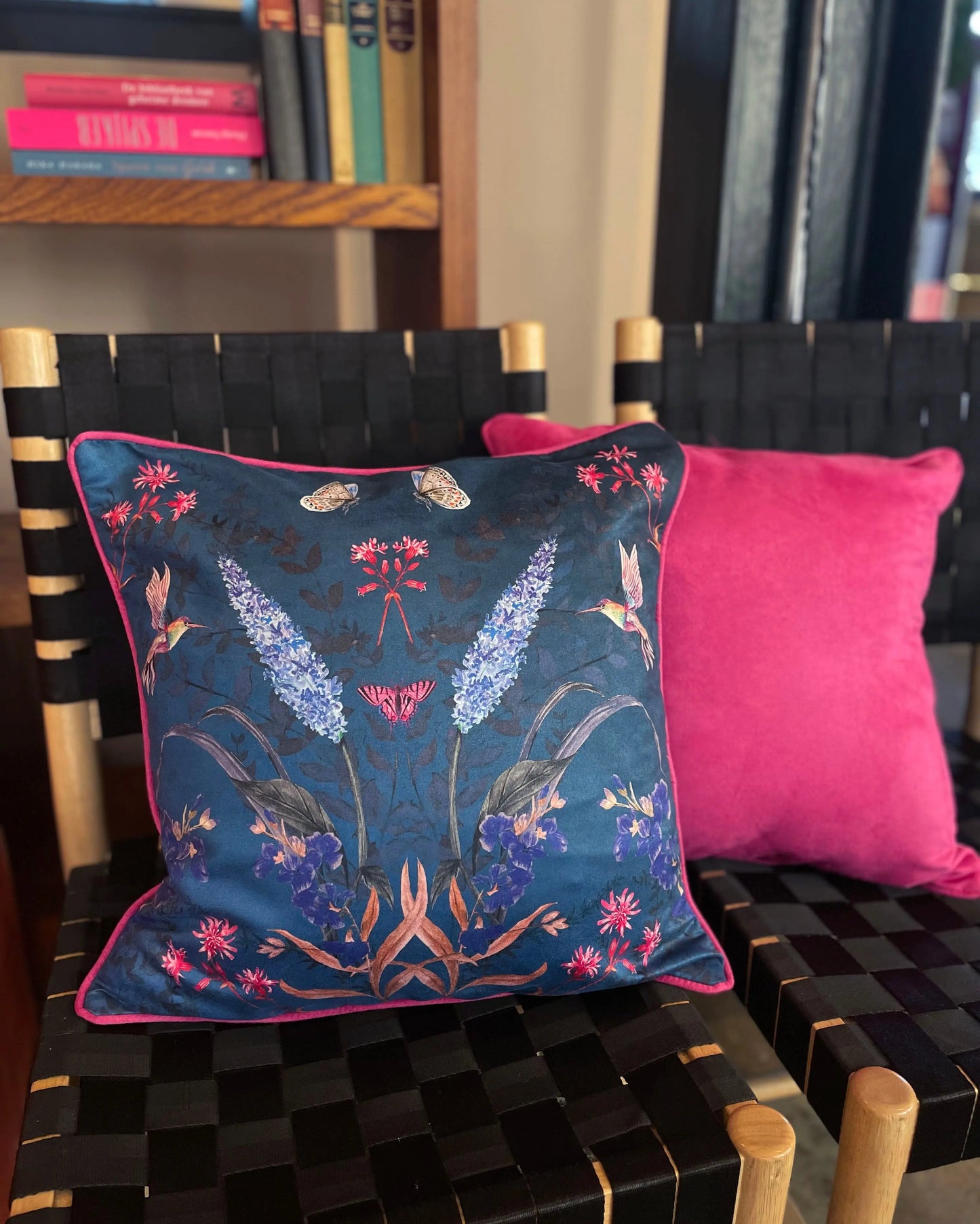 Teal Cushion with watercolour botanical art 'Serene' double sided design Alice Acreman Silks