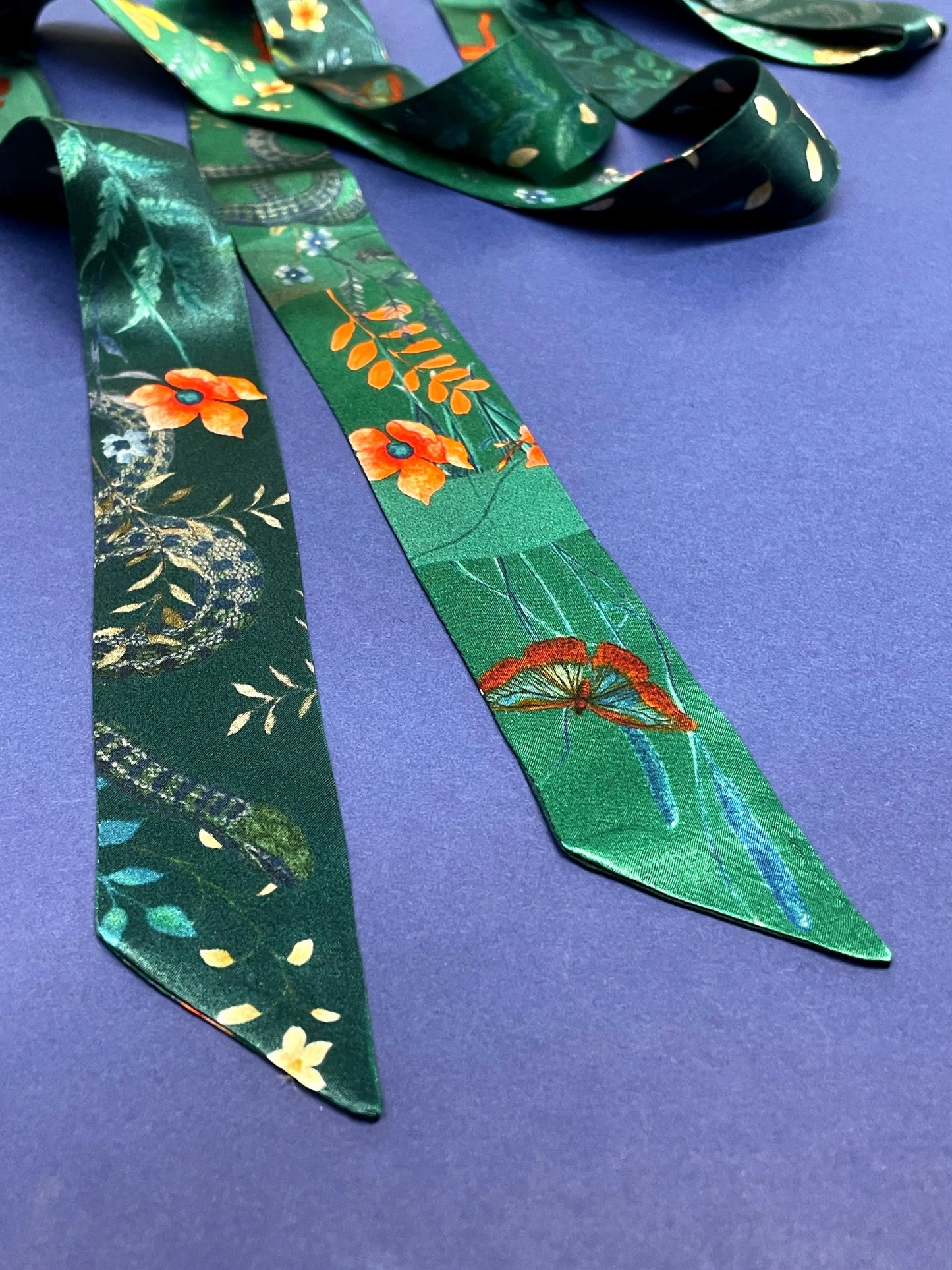 Teal Silk satin 'Morpho' Ultra Skinny silk scarf with butterflies and flowers Alice Acreman Silks