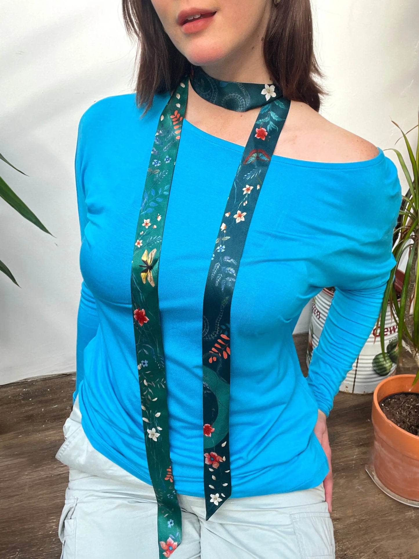 Teal Silk satin 'Morpho' Ultra Skinny silk scarf with butterflies and flowers Alice Acreman Silks