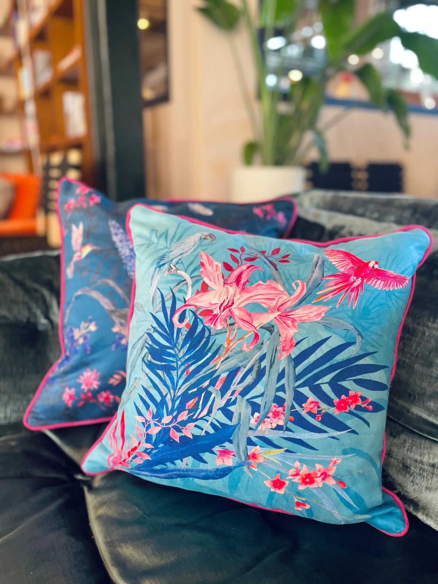 Terquoise tropical watercolour art Cushion 'Jungala' double sided design, made from Vegan friendly Suede Alice Acreman Silks