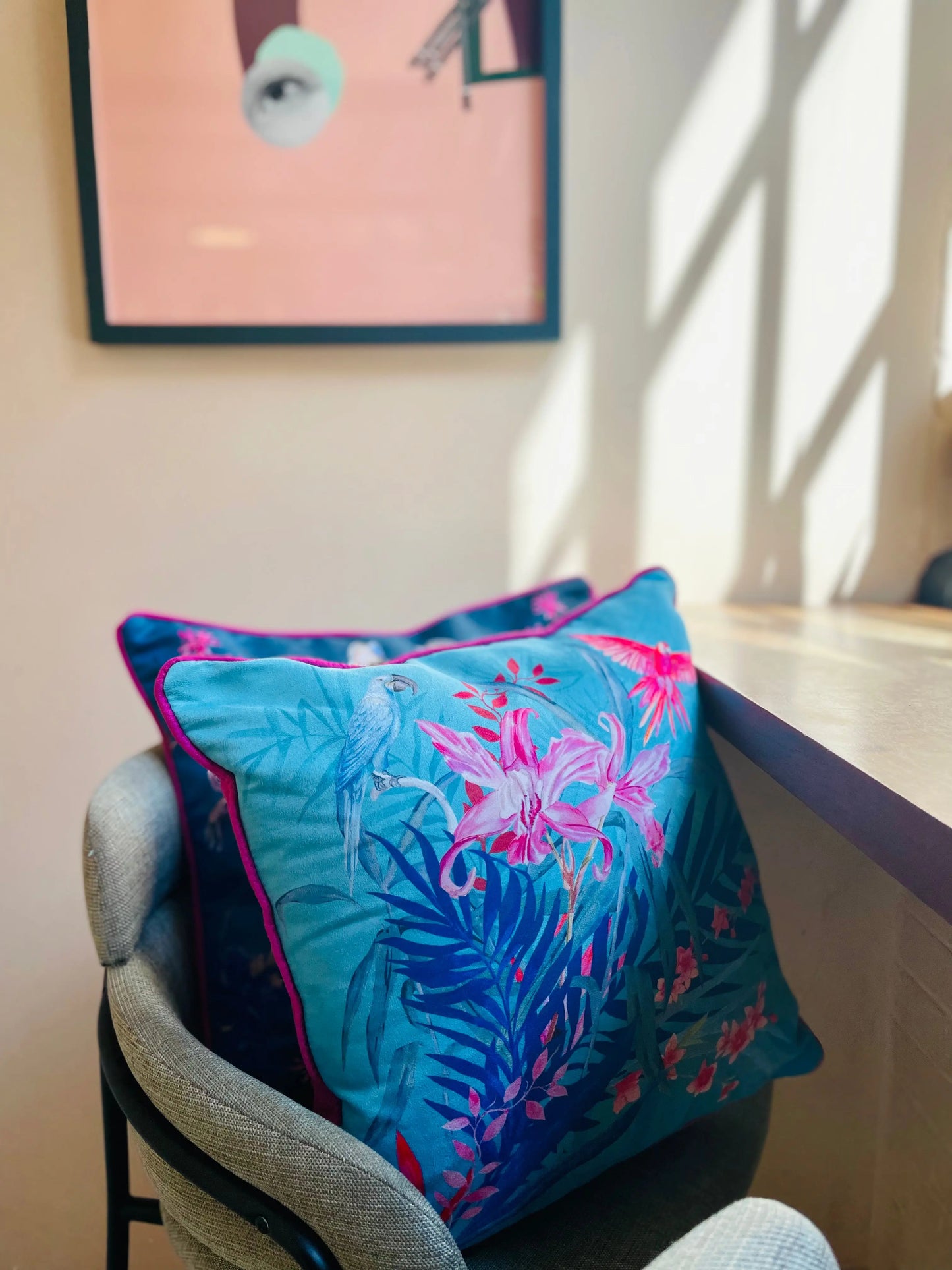 Terquoise tropical watercolour art Cushion 'Jungala' double sided design, made from Vegan friendly Suede Alice Acreman Silks