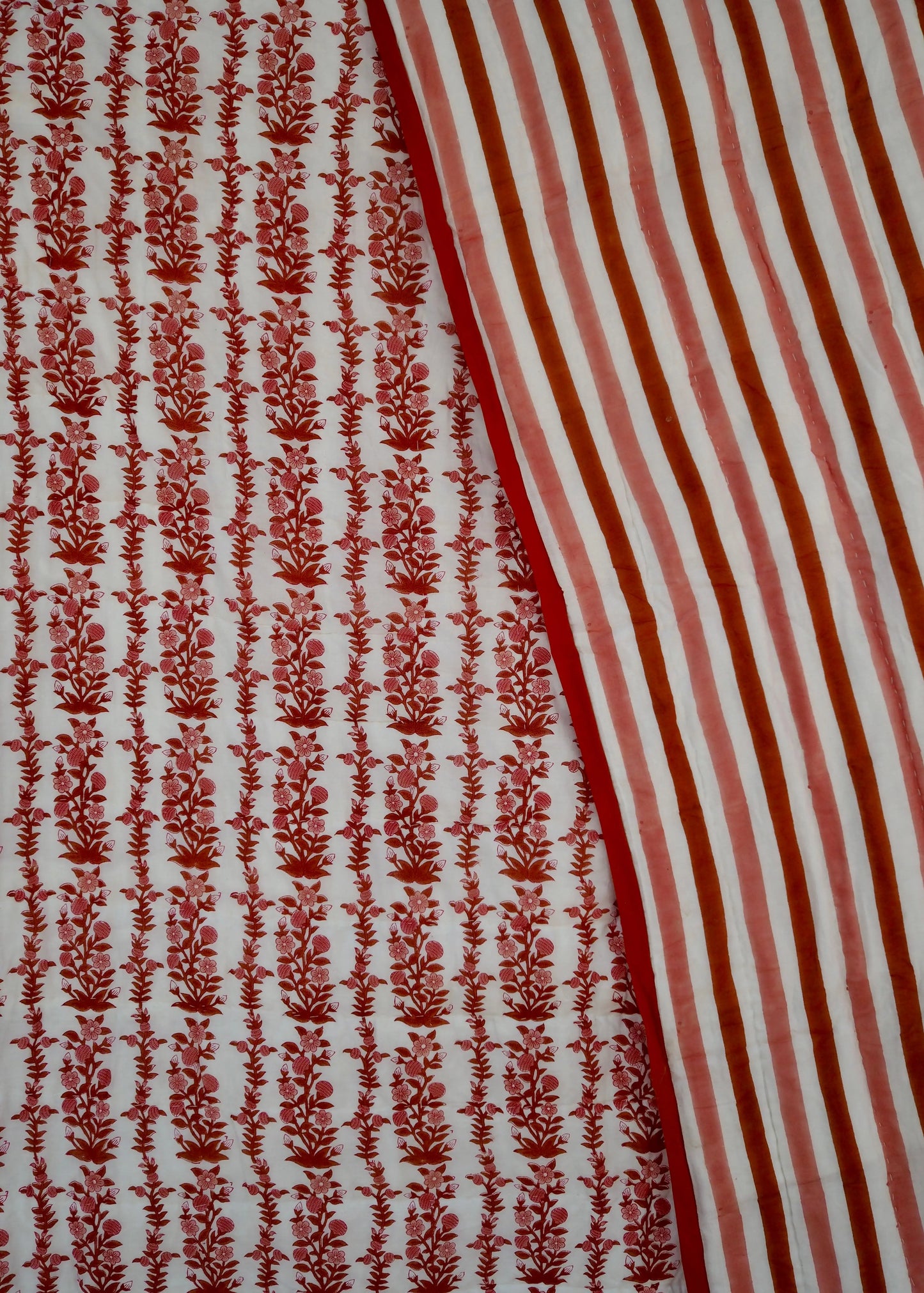 Terracotta Pink Floral and Stripe Bed Quilt Kapara London