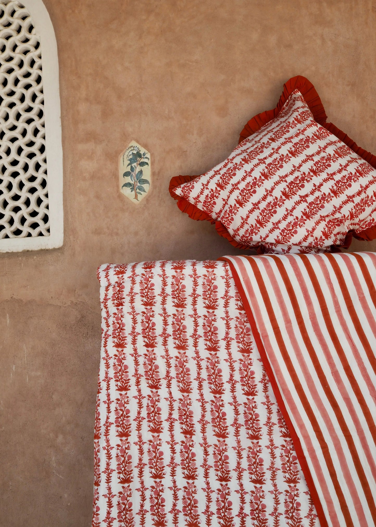 Terracotta Pink Floral and Stripe Bed Quilt Kapara London