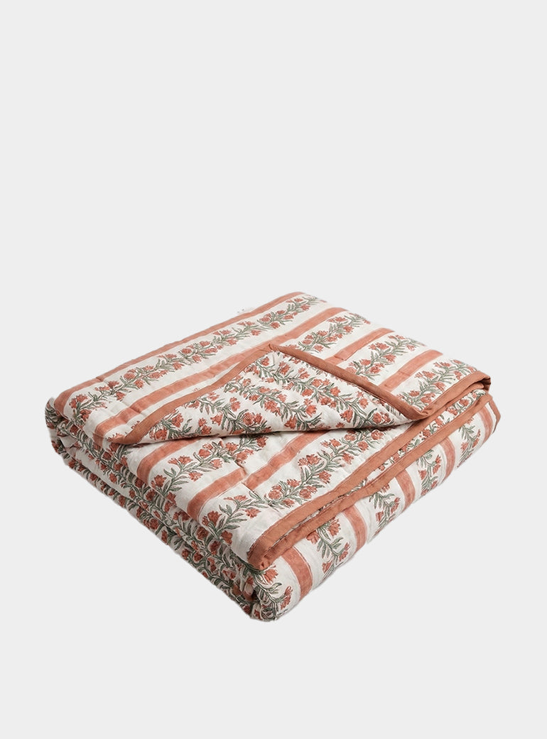 Terracotta Pink Floral Vine and Stripe Bed Quilt Kapara London