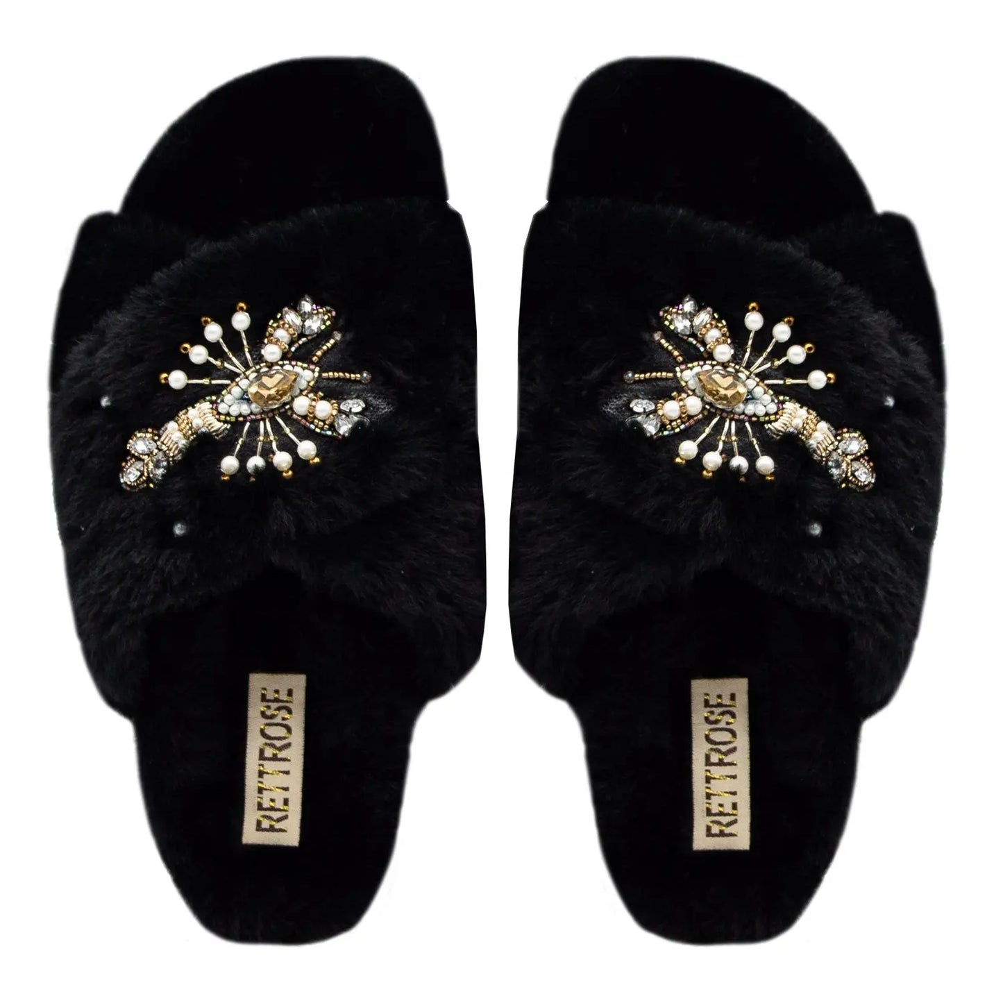 The Anastasia Black Luxury Handmade Women’s Slippers – Faux Fur, Diamanté Bow, Comfortable Rubber Sole, Excellent Grip – by RETTROSE Rettrose