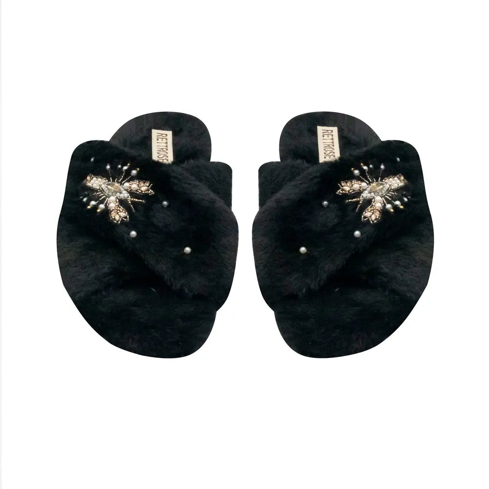 The Anastasia Black Luxury Handmade Women’s Slippers – Faux Fur, Diamanté Bow, Comfortable Rubber Sole, Excellent Grip – by RETTROSE Rettrose