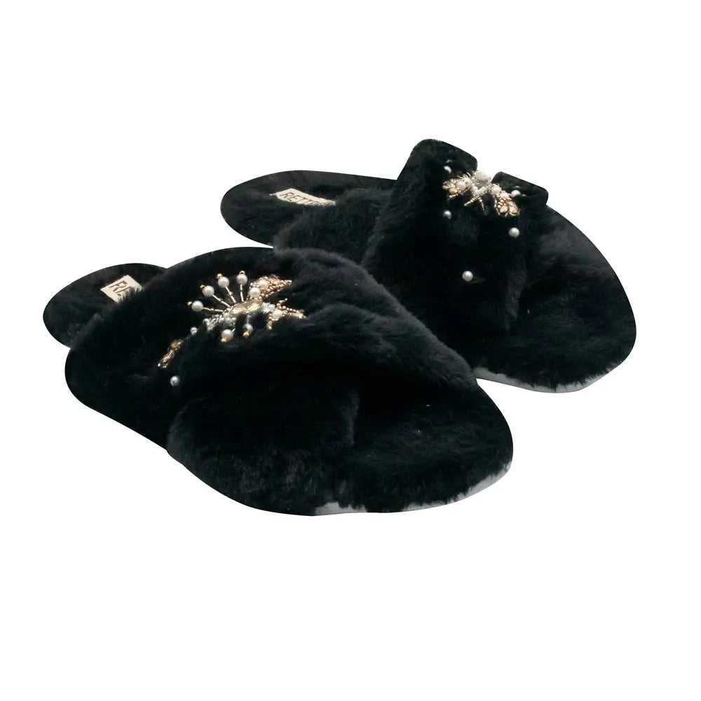 The Anastasia Black Luxury Handmade Women’s Slippers – Faux Fur, Diamanté Bow, Comfortable Rubber Sole, Excellent Grip – by RETTROSE Rettrose