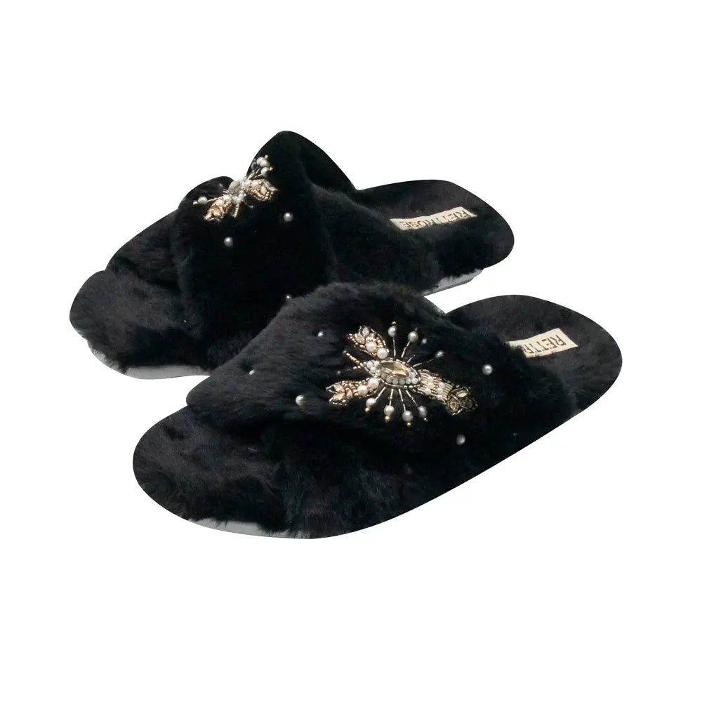 The Anastasia Black Luxury Handmade Women’s Slippers – Faux Fur, Diamanté Bow, Comfortable Rubber Sole, Excellent Grip – by RETTROSE Rettrose