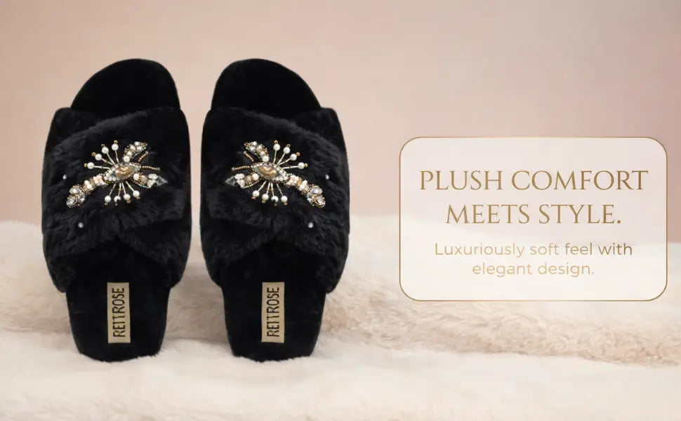The Anastasia Black Luxury Handmade Women’s Slippers – Faux Fur, Diamanté Bow, Comfortable Rubber Sole, Excellent Grip – by RETTROSE Rettrose