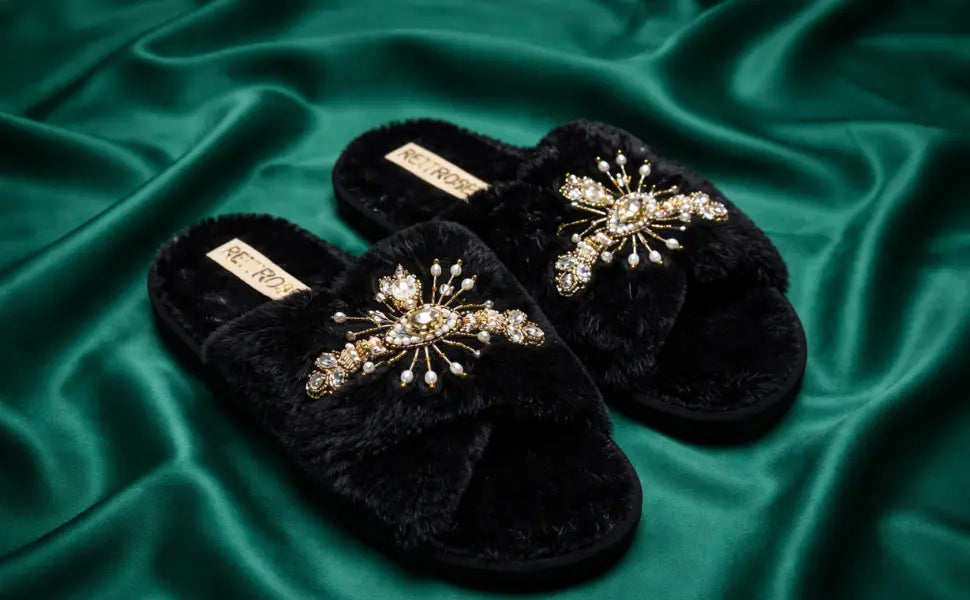 The Anastasia Black Luxury Handmade Women’s Slippers – Faux Fur, Diamanté Bow, Comfortable Rubber Sole, Excellent Grip – by RETTROSE Rettrose
