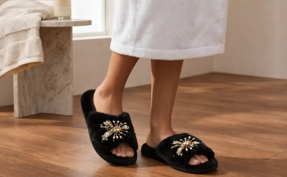The Anastasia Black Luxury Handmade Women’s Slippers – Faux Fur, Diamanté Bow, Comfortable Rubber Sole, Excellent Grip – by RETTROSE Rettrose