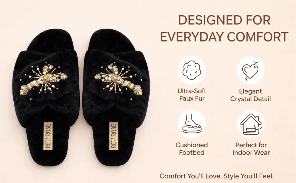 The Anastasia Black Luxury Handmade Women’s Slippers – Faux Fur, Diamanté Bow, Comfortable Rubber Sole, Excellent Grip – by RETTROSE Rettrose