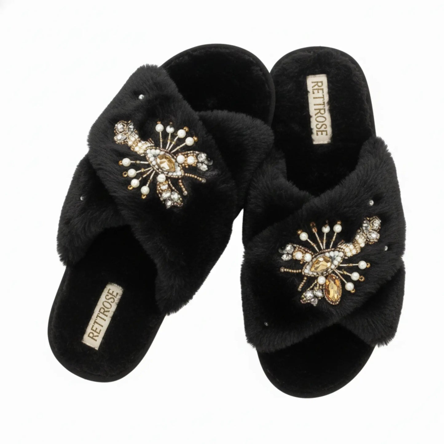 The Anastasia Black Luxury Handmade Women’s Slippers – Faux Fur, Diamanté Bow, Comfortable Rubber Sole, Excellent Grip – by RETTROSE Rettrose