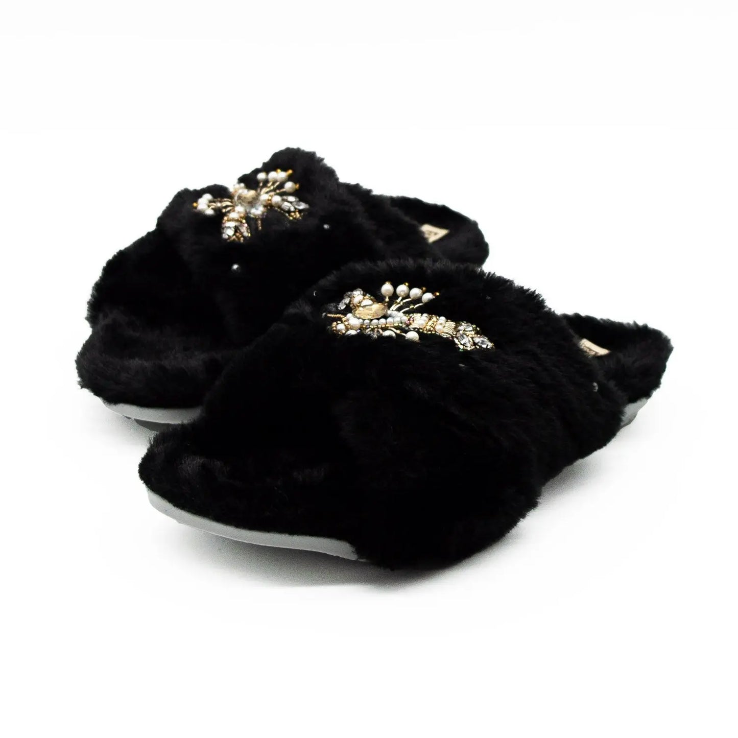 The Anastasia Black Luxury Handmade Women’s Slippers – Faux Fur, Diamanté Bow, Comfortable Rubber Sole, Excellent Grip – by RETTROSE Rettrose