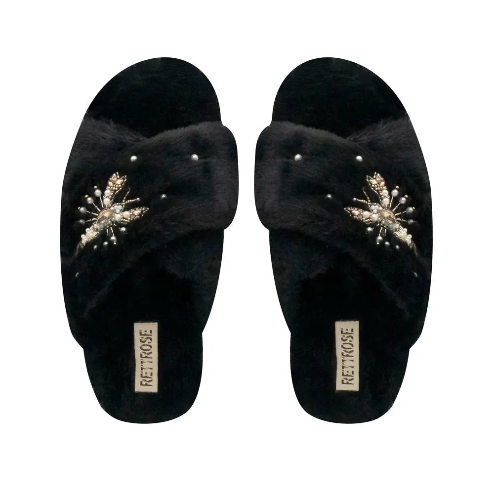 The Anastasia Black Luxury Handmade Women’s Slippers – Faux Fur, Diamanté Bow, Comfortable Rubber Sole, Excellent Grip – by RETTROSE Rettrose