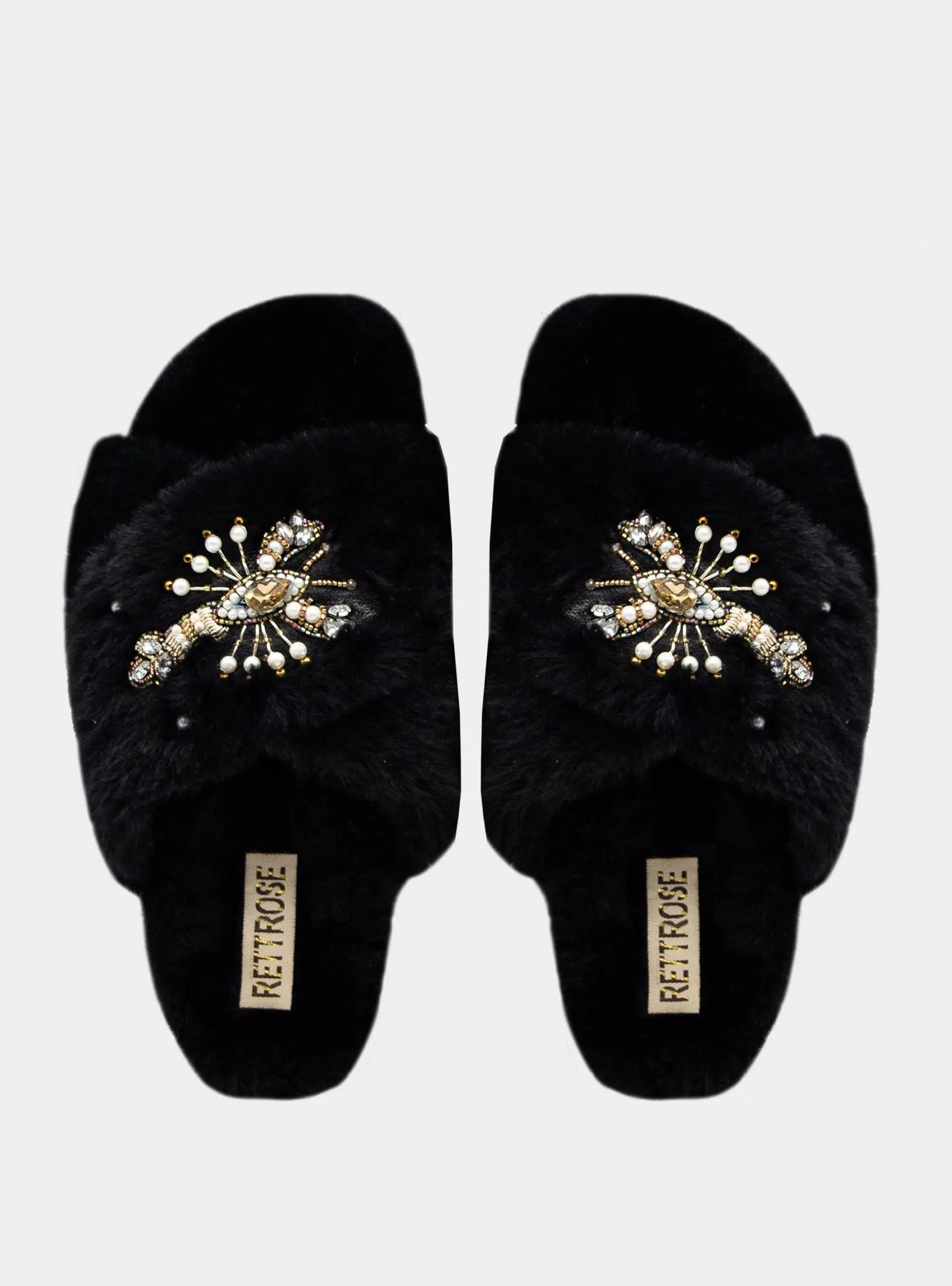 The Anastasia Black Luxury Handmade Women’s Slippers – Faux Fur, Diamanté Bow, Comfortable Rubber Sole, Excellent Grip – by RETTROSE Rettrose