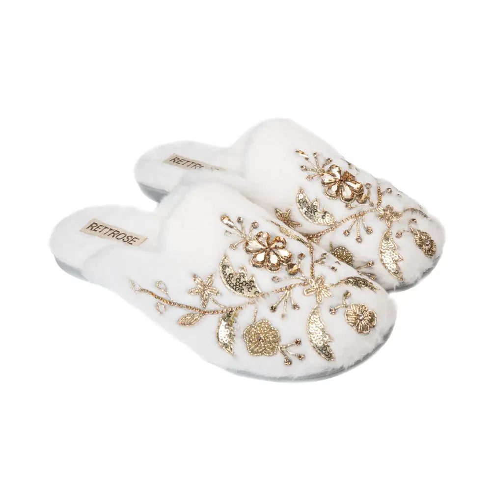 The Annie Cream Luxury Handmade Women’s Slippers – Faux Fur Front-Covered, Comfortable, White & Cream Diamanté Embellished Rettrose
