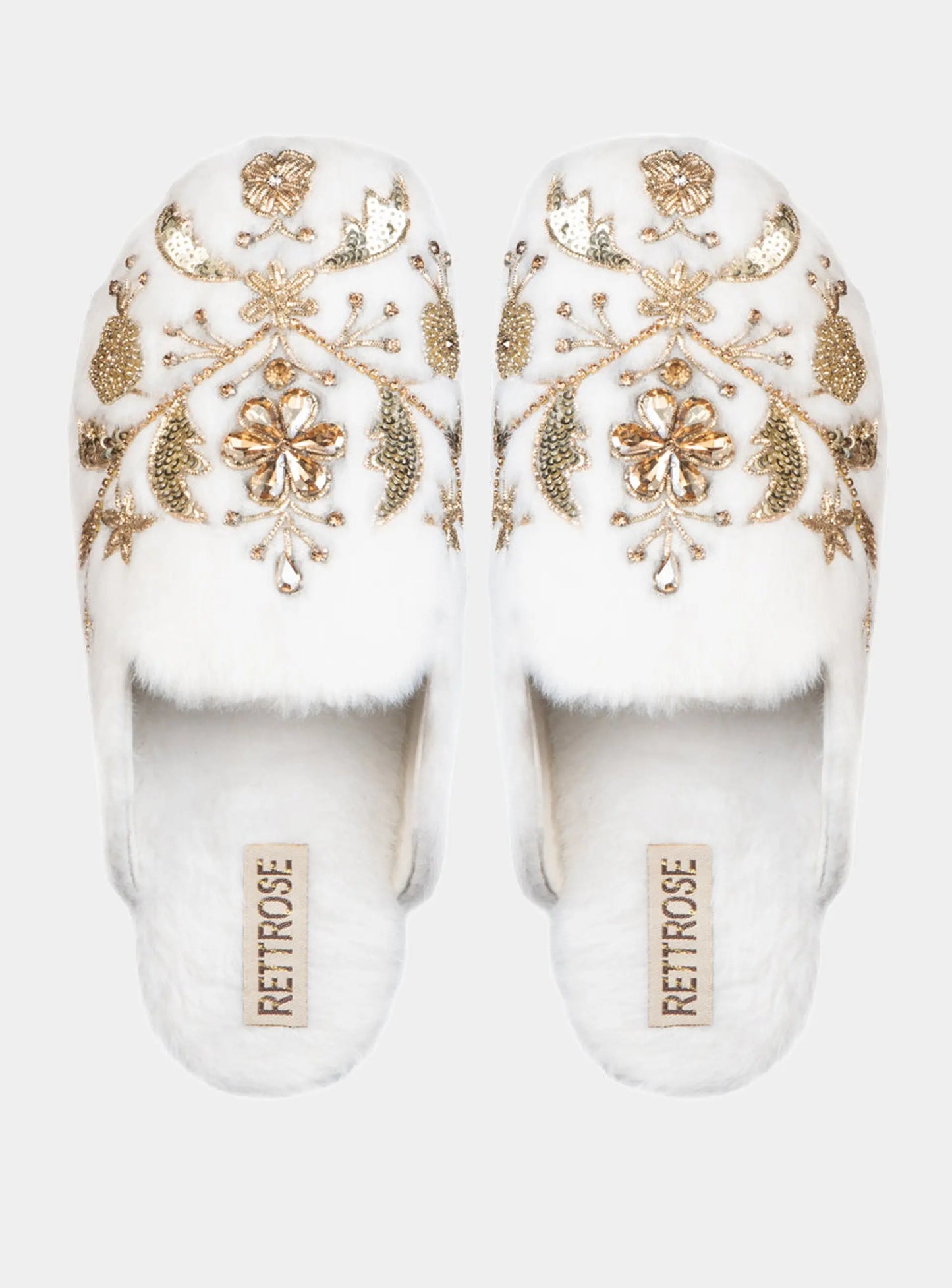 The Annie Cream Luxury Handmade Women’s Slippers – Faux Fur Front-Covered, Comfortable, White & Cream Diamanté Embellished Rettrose