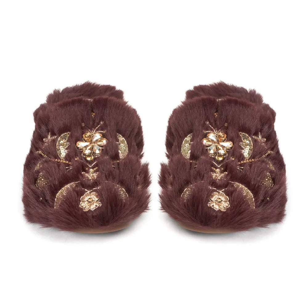 The Annie Wine Luxury Handmade Women’s Slippers – Faux Fur Front-Covered, Comfortable,  Diamanté Embellished Rettrose