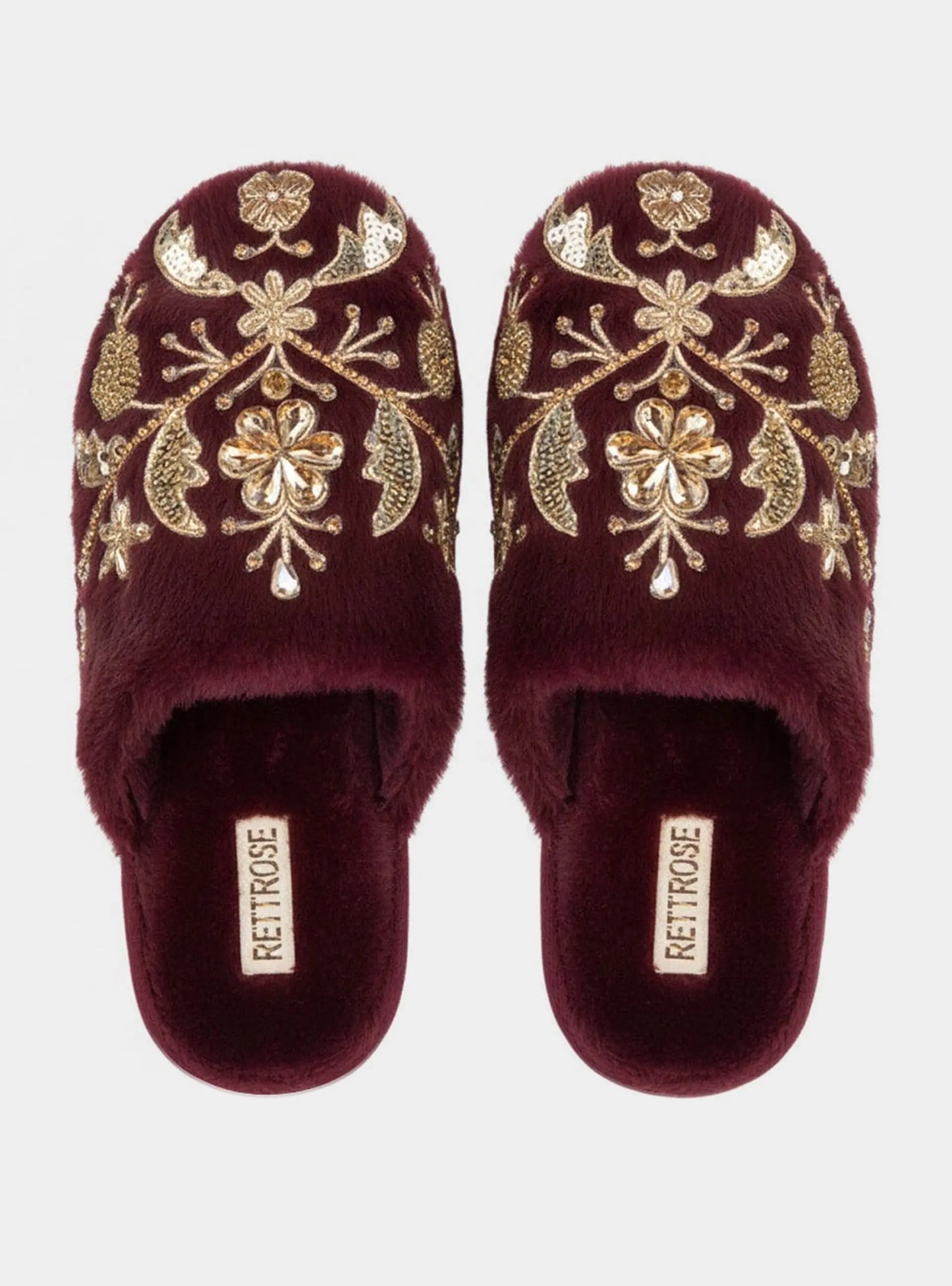 The Annie Wine Luxury Handmade Women’s Slippers – Faux Fur Front-Covered, Comfortable,  Diamanté Embellished Rettrose