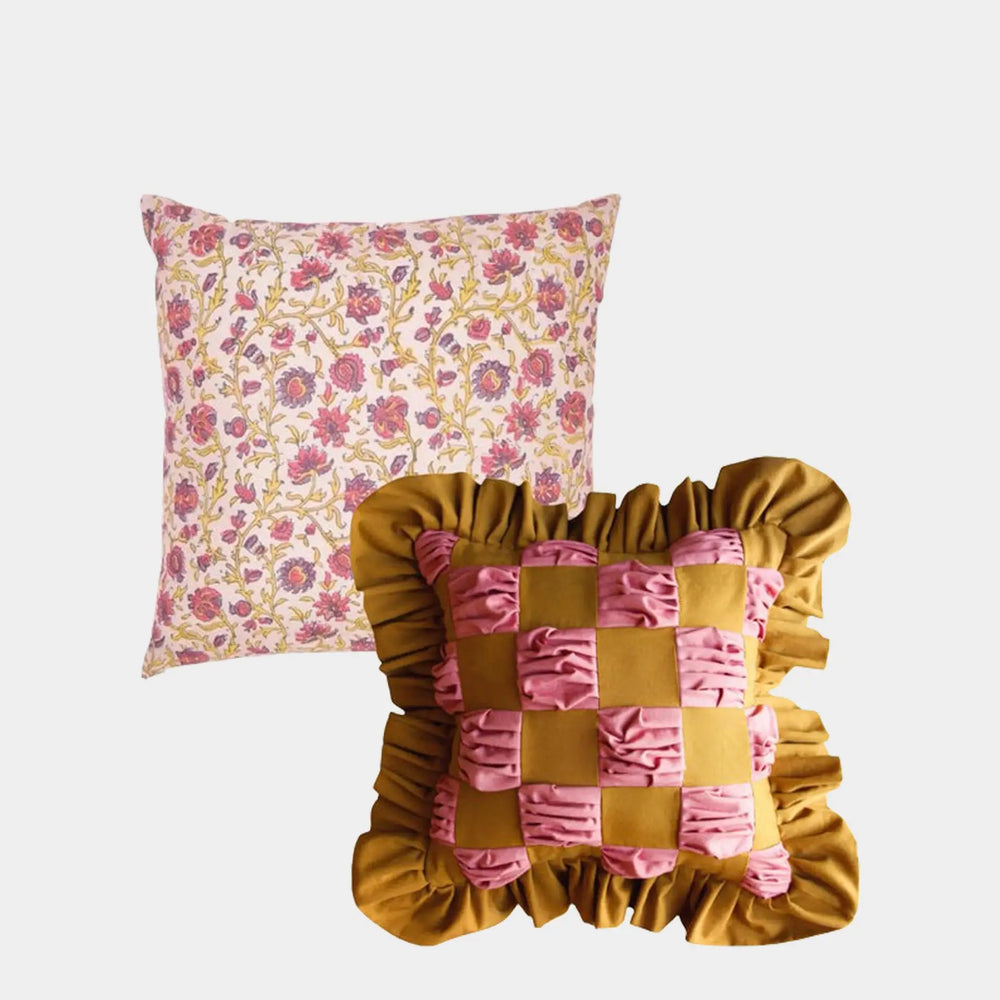 The Collab Set: Special Patchwork Ocra and Pink Ruffle Cushion X the Arya Silk Cushion Daughters of Gaea