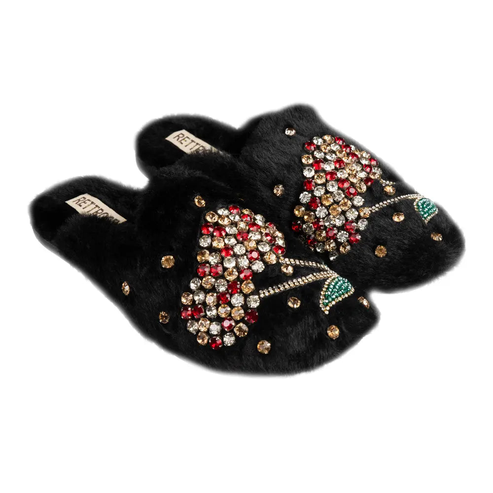 The Georgie Black Luxury Handmade Women’s Slippers – Full Faux Fur Front-Covered, Comfortable Rubber Sole, Diamanté Embellished Rettrose